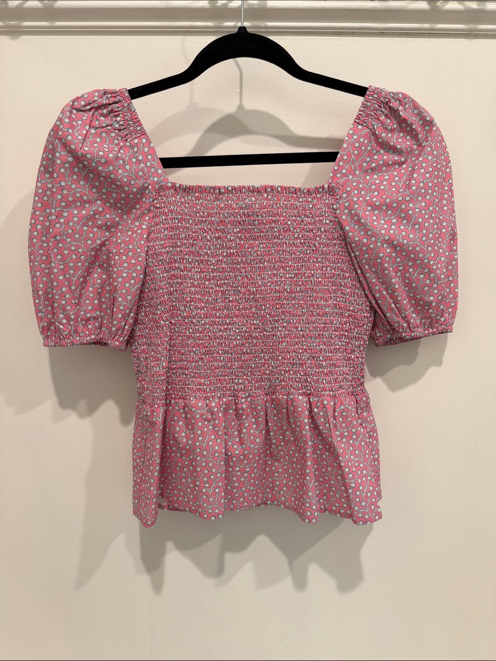 French Connection Pink Smocked Puff-Sleeve Square Neck Blouse